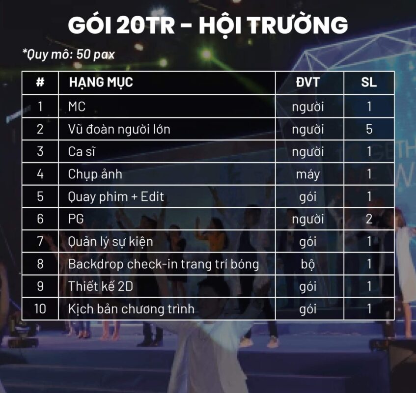 Trọn gói trong hội trường chỉ từ 20 triệu