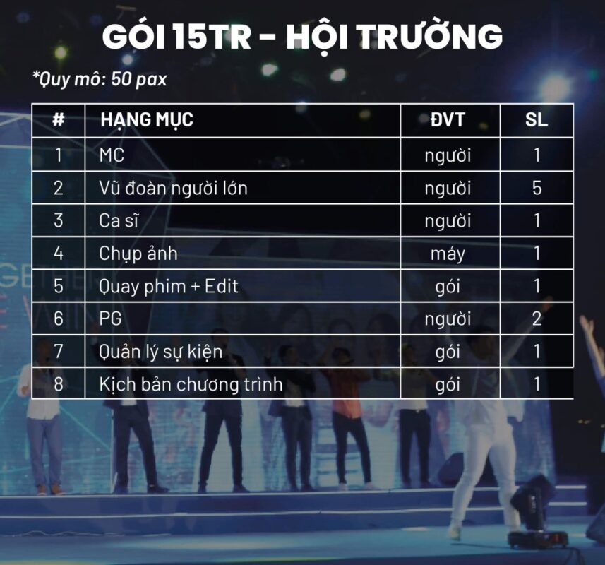 Gói Trong hội trường trọn gói 15 triệu